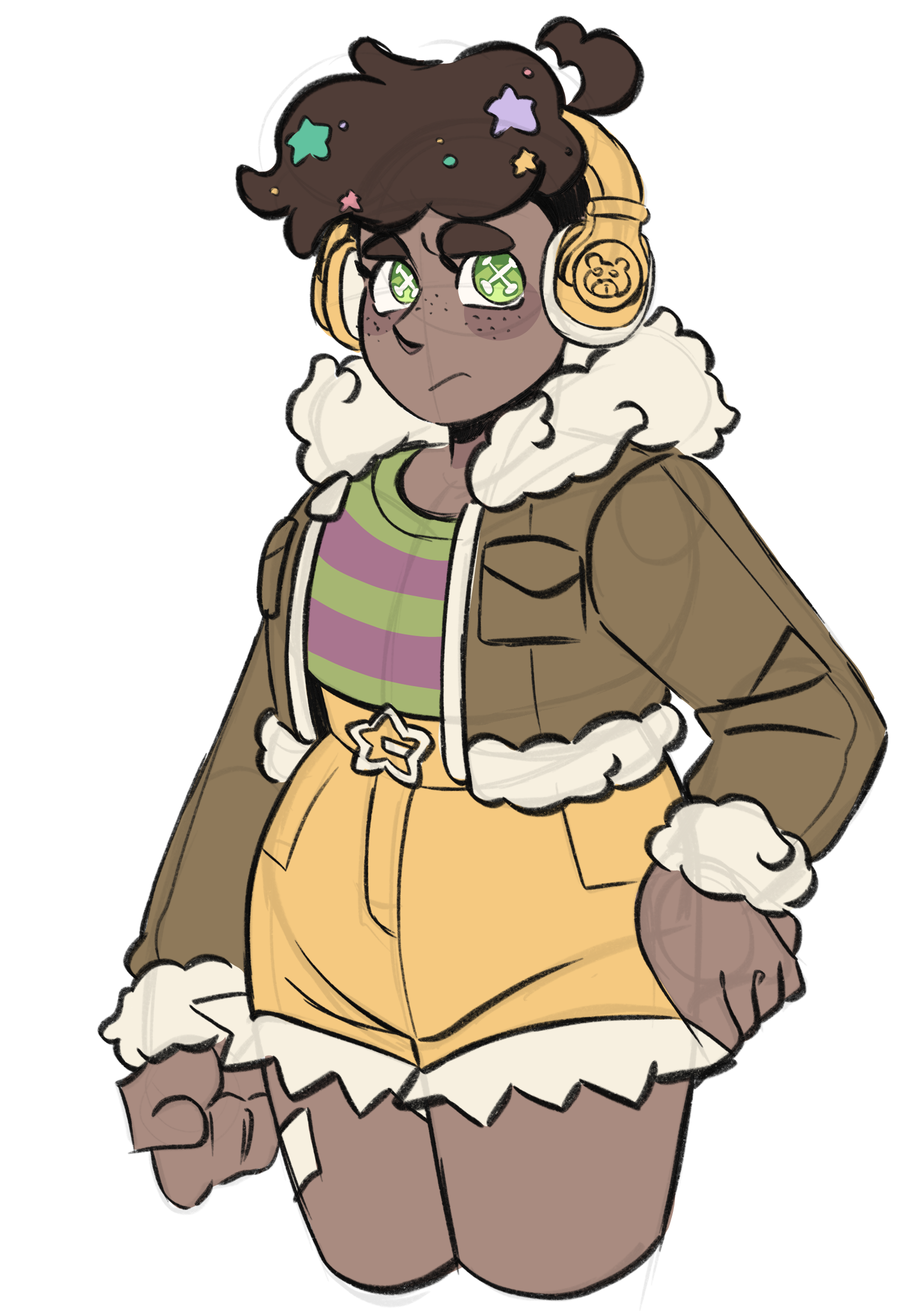 A drawing of Molly from Epithet Erased's canon adult design. She's put on some healthy weight and given herself an undercut, wearing a puffy jacket and shorts.